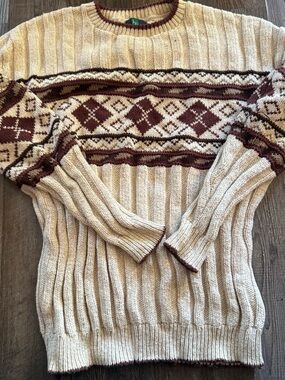 Cream and Brown Nordic Pattern Ribbed Men’s Sweater